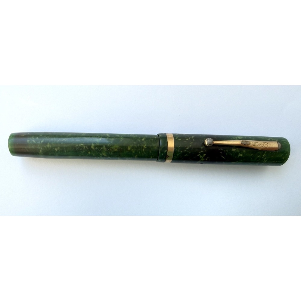 1920 Sheaffer Flat Top Full Sz 14k Nib Fountain Pen Jade Green Marbled White Dot